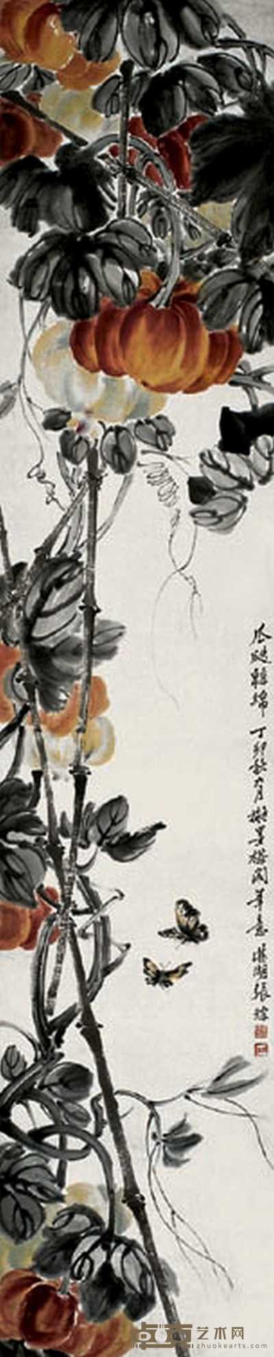 张琮 瓜蝶图 立轴 136×28cm